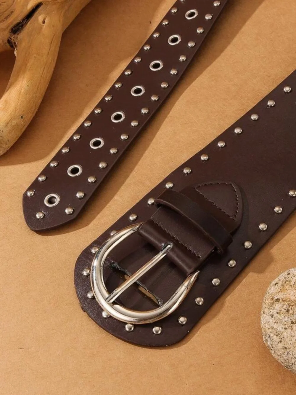 Brown Studded Wide Leather Belt with Antique Silver Buckle